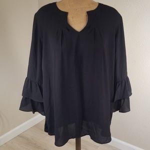 2X black sheer blouse flutter sleeves